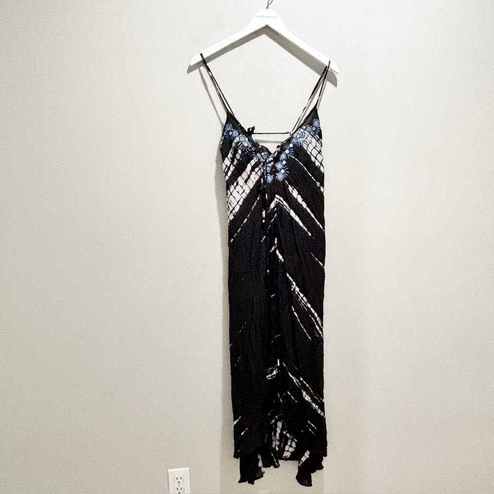 HELEN JON Women’s Black Tie Dye Swim Cover Dress Blue Embroidered Details Sz XS